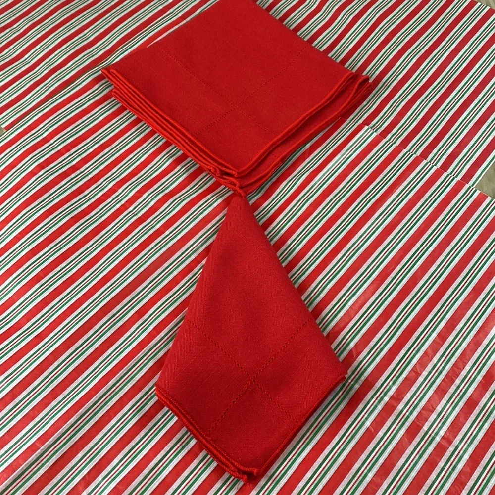 60s vintage red linen cocktail or dinner napkins with hemstitch edge set of 4